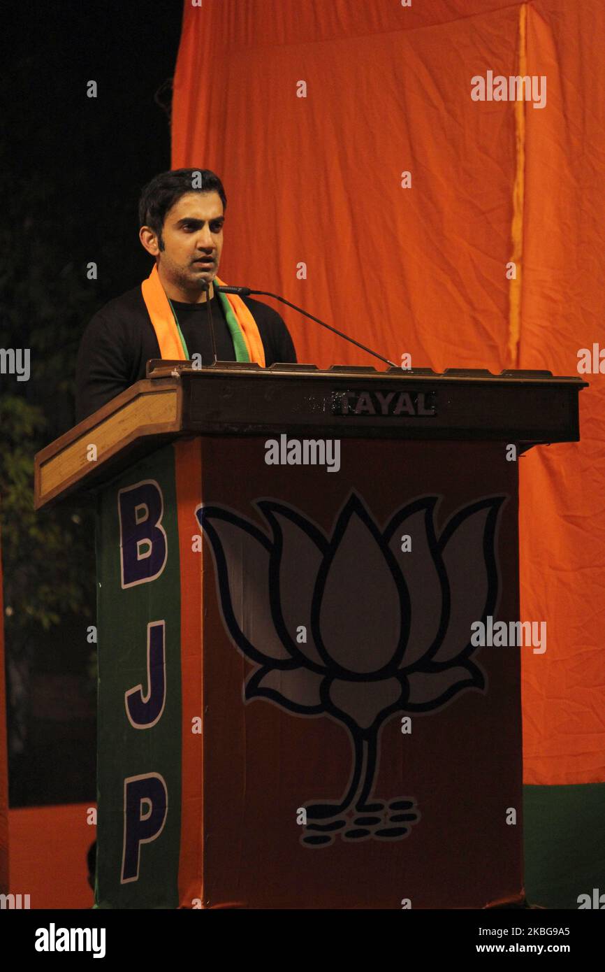 Gautam Gambhir, MP from East Delhi, addresses a gathering during a public meeting ahead of the upcoming Delhi Assembly elections, at Kondli, Mayur Vihar on February 5, 2020 in New Delhi, India. (Photo by Mayank Makhija/NurPhoto) Stock Photo