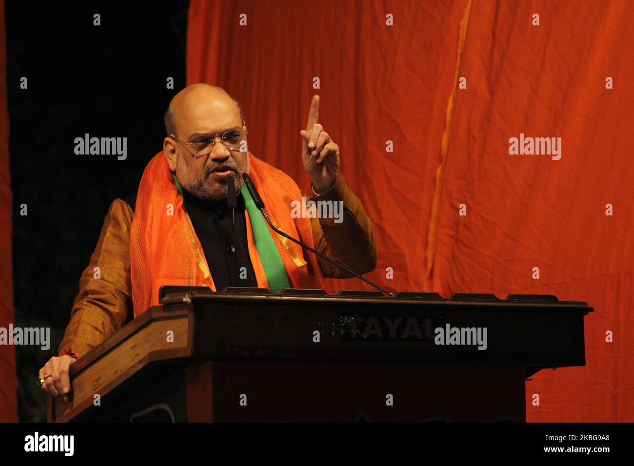 Union Home Minister Amit Shah addresses a gathering during a public meeting ahead of the upcoming Delhi Assembly elections, at Kondli, Mayur Vihar on February 5, 2020 in New Delhi, India. (Photo by Mayank Makhija/NurPhoto) Stock Photo
