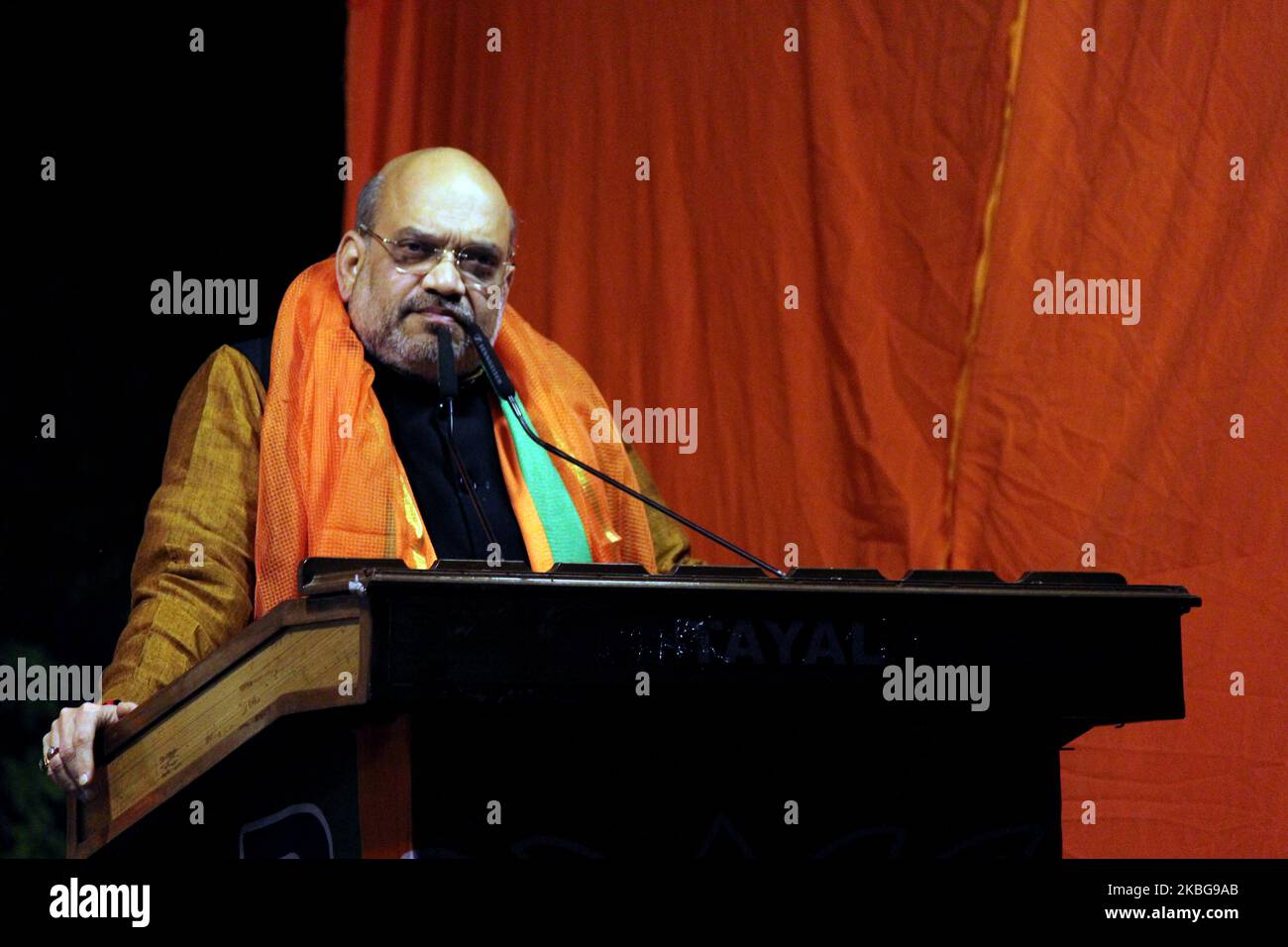 Union Home Minister Amit Shah addresses a gathering during a public meeting ahead of the upcoming Delhi Assembly elections, at Kondli, Mayur Vihar on February 5, 2020 in New Delhi, India. (Photo by Mayank Makhija/NurPhoto) Stock Photo