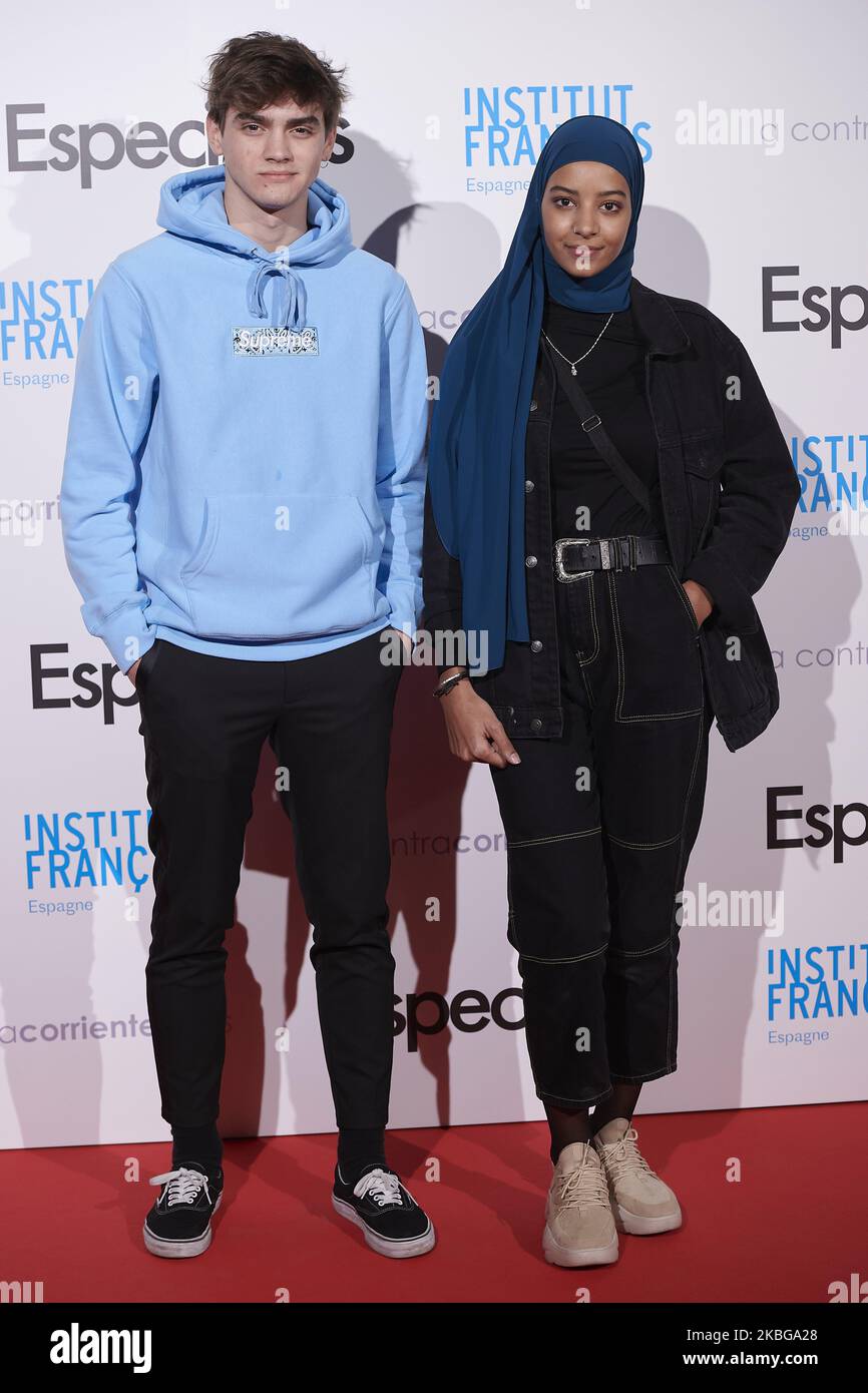 Hajar Brown, Gabriel Guevara attends the 'Especiales' premiere at 'French Institute' Cinema in Madrid, Spain on Feb 5, 2020 (Photo by Carlos Dafonte/NurPhoto) Stock Photo