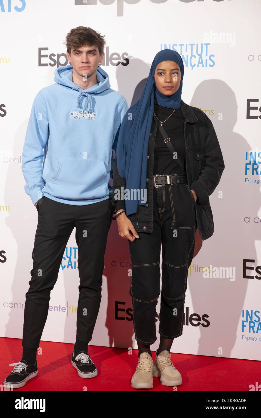 L-R) Gabriel Guevara and Hajar Brown attends 'Especiales' premiere at French Institute on February 05, 2020 in Madrid, Spain. (Photo by Oscar Gonzalez/NurPhoto) Stock Photo