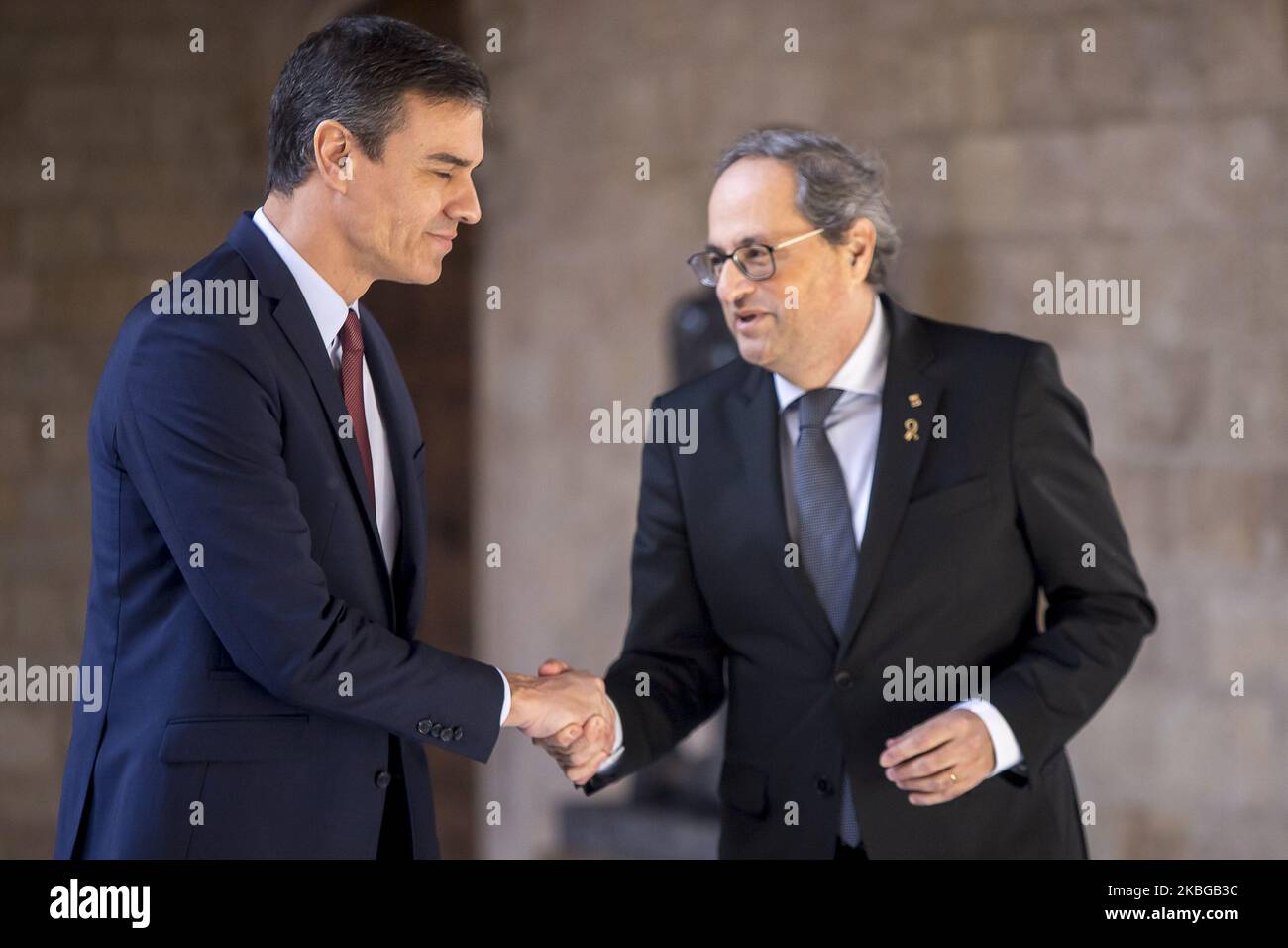 Catalonia's president, Joaquim Torra, meets with Spanish president Pedro Sanchez, in the firts of negotations about the future of relations between Catalonia and Spain in Barcelona, Catalonia, Spain, in February 6, 2020 (Photo by Miquel Llop/NurPhoto) Stock Photo