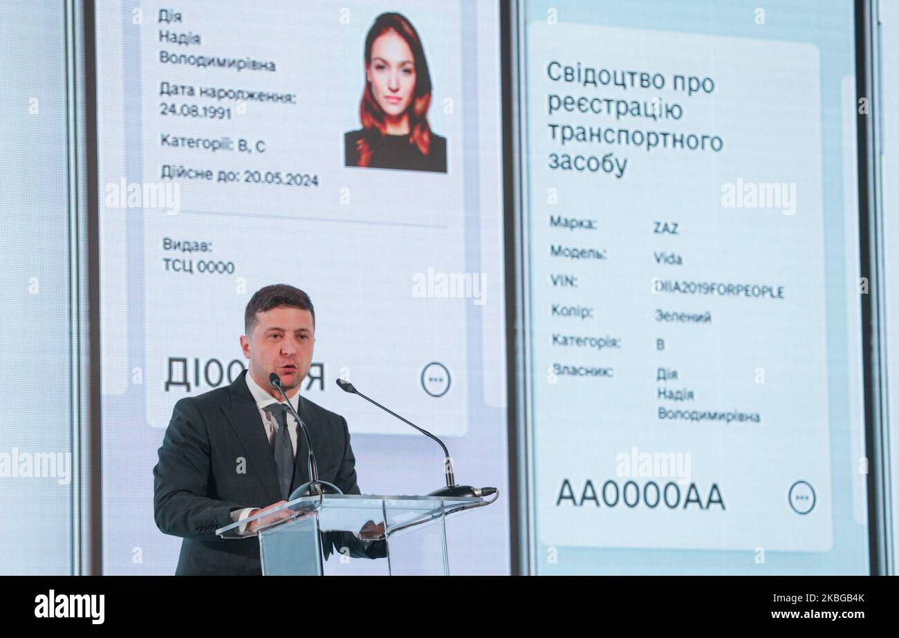 President of Ukraine Volodymyr Zelensky has a speech during the presentation of digital state service Diya (The Action) in Kyiv, Ukraine, February 6, 2020. Ukraine presents an online service that provides its citizens and businesses with access to all electronic government services by a single standard (Photo by Sergii Kharchenko/NurPhoto) Stock Photo