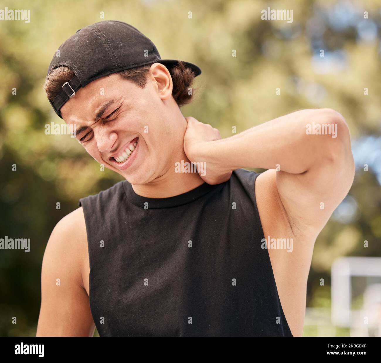 Young, neck and spine injury of man in pain from outdoor summer