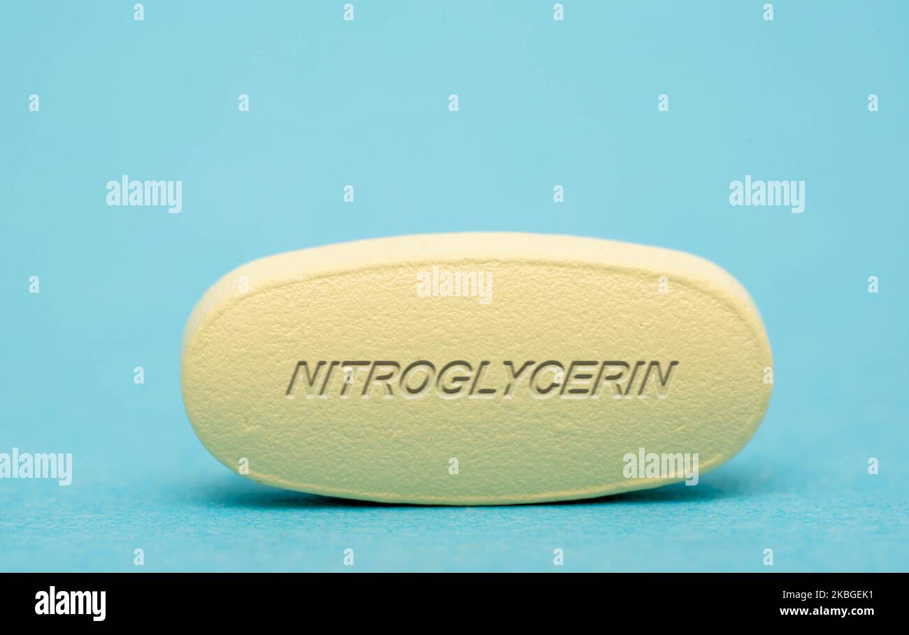 Nitroglycerin Pharmaceutical medicine pills  tablet  Copy space. Medical concepts. Stock Photo
