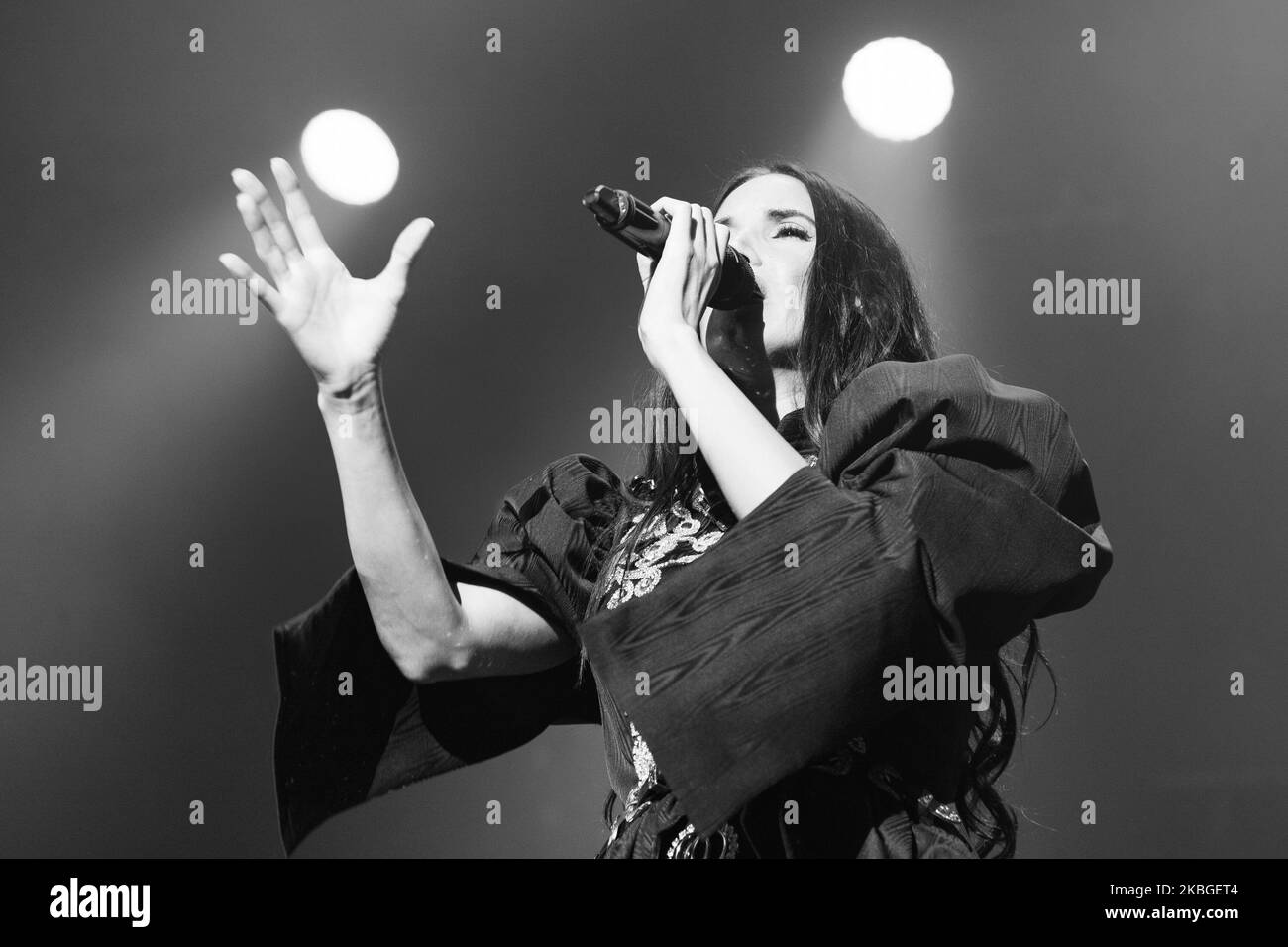 (EDITOR'S NOTE: Image was converted to black and white) Spanish singer India Martinez performs in Inverfest on stage at palacio de los Deportes on February 07, 2020 in Madrid, Spain. (Photo by Oscar Gonzalez/NurPhoto) Stock Photo