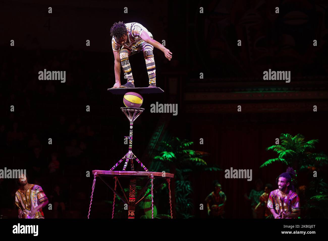 Ethiopian artists from 'Circus African dreams' perform during the presentation of the new international show at the Ukrainian National Circus in Kyiv, Ukraine, February 7, 2020. The National Circus of Ukraine presents its new 'Africa Exotic Boom' program with reduced numbers of wild animals. (Photo by Sergii Kharchenko/NurPhoto) Stock Photo