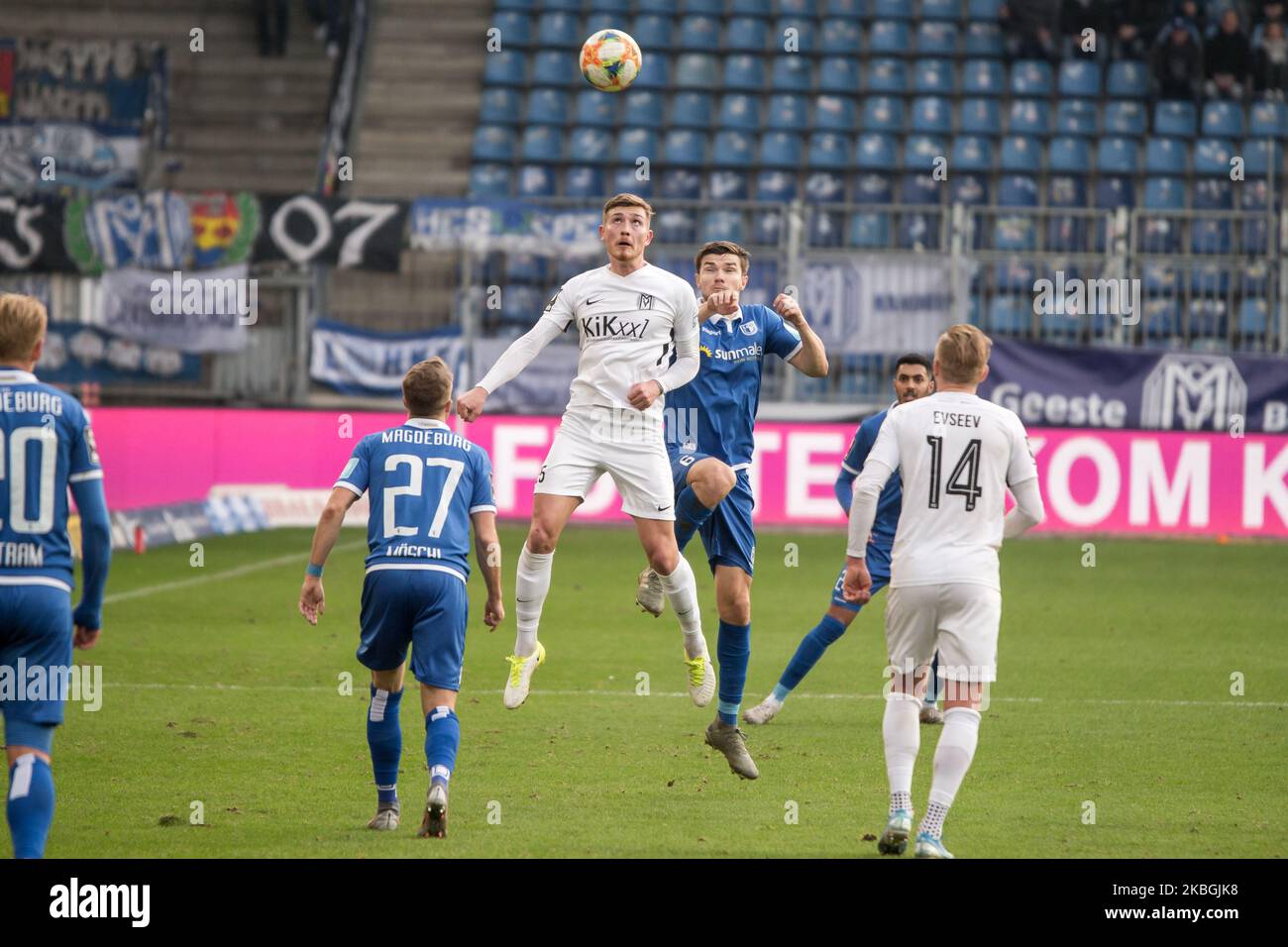 Björn Rother of Magdeburg and Nicolas Andermatt of SV Meppen during the 3. Bundesliga match between 1. FC Magdeburg and SV Meppen at the MDCC-Arena on February 08, 2020 in Magdeburg, Germany. (Photo by Peter Niedung/NurPhoto) Stock Photo