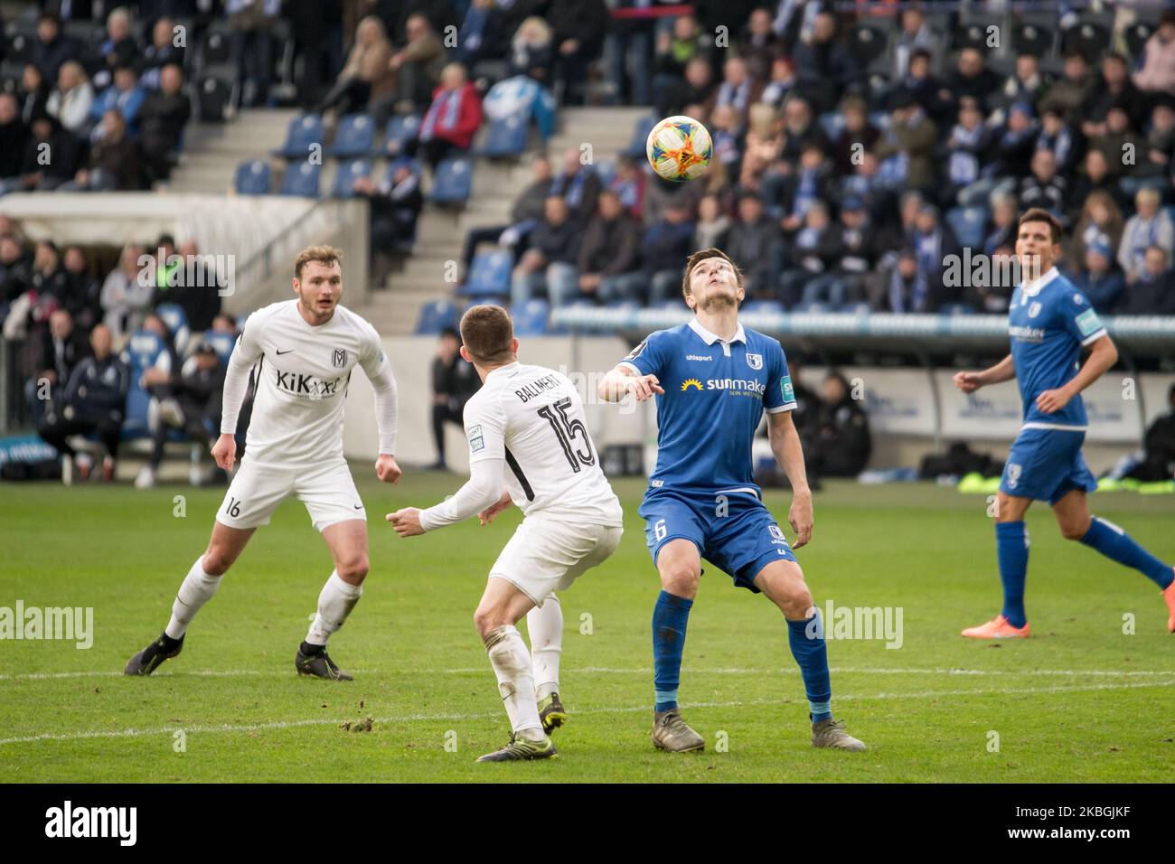 Björn Rother of Magdeburg and Markus Ballmert of SV Meppen during the 3. Bundesliga match between 1. FC Magdeburg and SV Meppen at the MDCC-Arena on February 08, 2020 in Magdeburg, Germany. (Photo by Peter Niedung/NurPhoto) Stock Photo