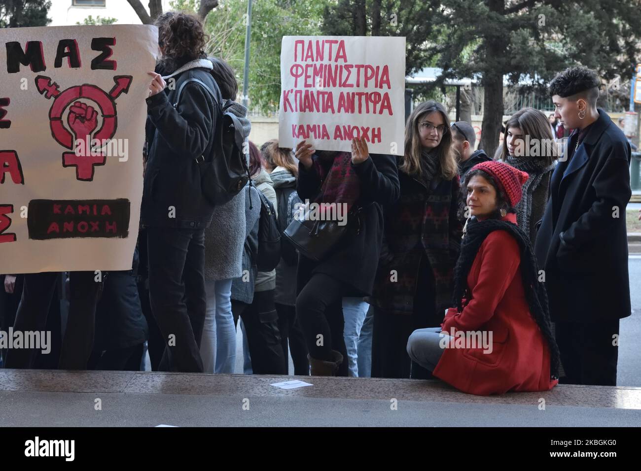 Abortion-rights activists protest on 9 February 2020 in front of Divani Caravel Hotel in Athens as Greek Orthodox Christian groups known for their anti-abortion beliefs hold a daily conference inside. (Photo by Nicolas Koutsokostas/NurPhoto) Stock Photo