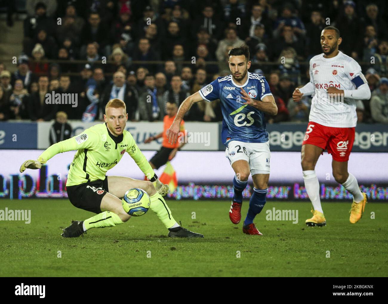 Adrien Thomasson and Lemaitre Nicolas, during the French L1 football match between Strasbourg (RCSA) and Reims (SR), on February 9 , 2020 at the Meinau stadium (Photo by Elyxandro Cegarra/NurPhoto) Stock Photo