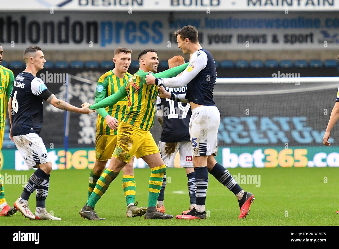 Hal Robson-Kanu,Jake Cooper during the Sky Bet Championship match between Millwall and West Bromwich Albion at The Den on February 09, 2020 in London, England. (Photo by MI News/NurPhoto) Stock Photo