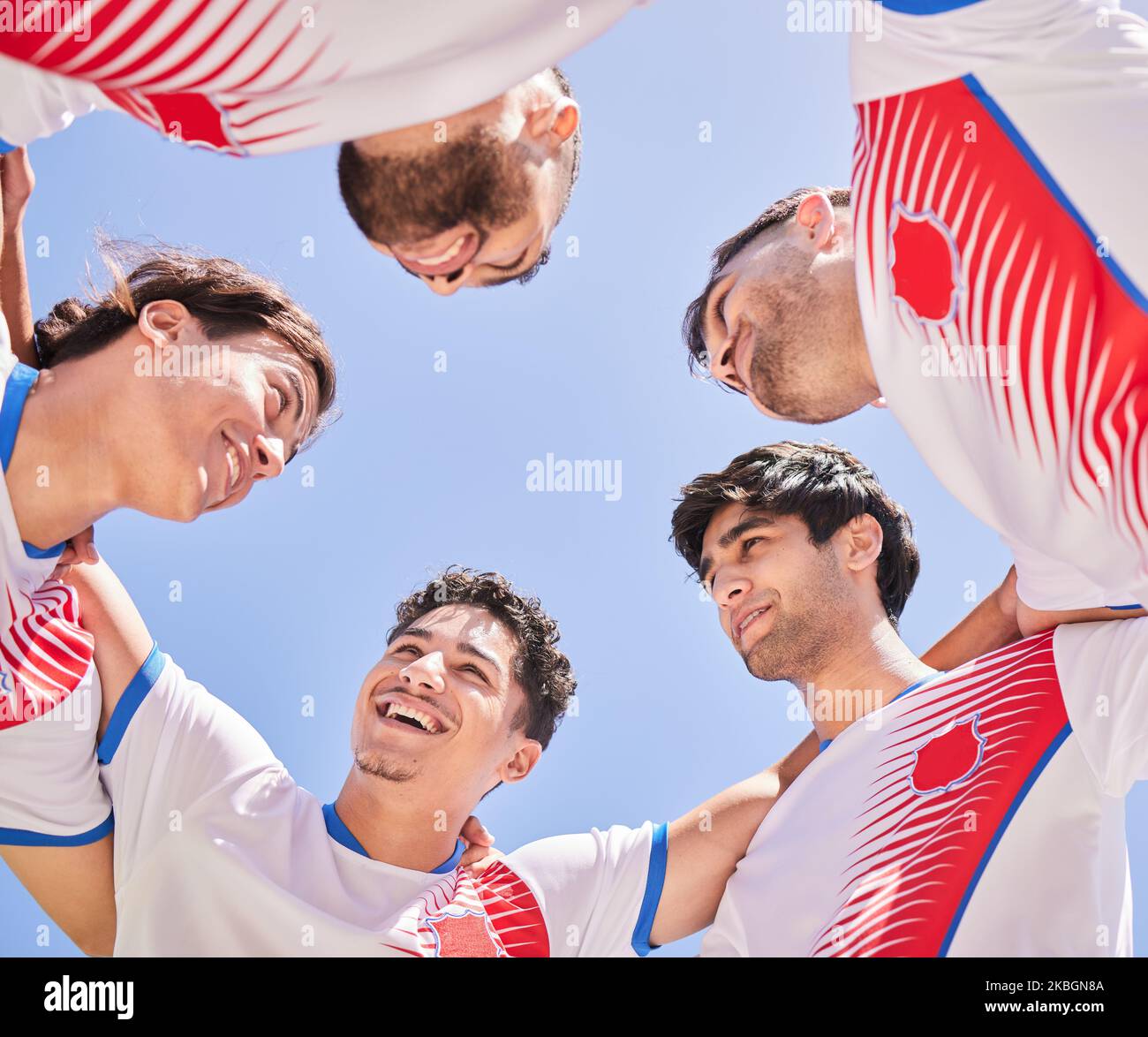 Soccer, team and huddle for strategy game plan in sports fitness