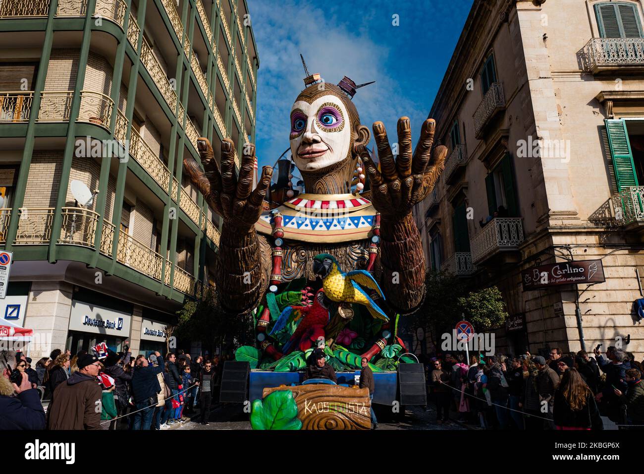 Papier-mÃ¢chÃ© cart during the Putignano Carnival parade on on February 9, 2020 in Putignano, Italy. The Carnival of Putignano is the oldest in Europe and among the longest in the world. A party of people with masks of character, masked groups and above all allegorical floats and a joy that infects everyone. (Photo by Davide Pischettola/NurPhoto) Stock Photo