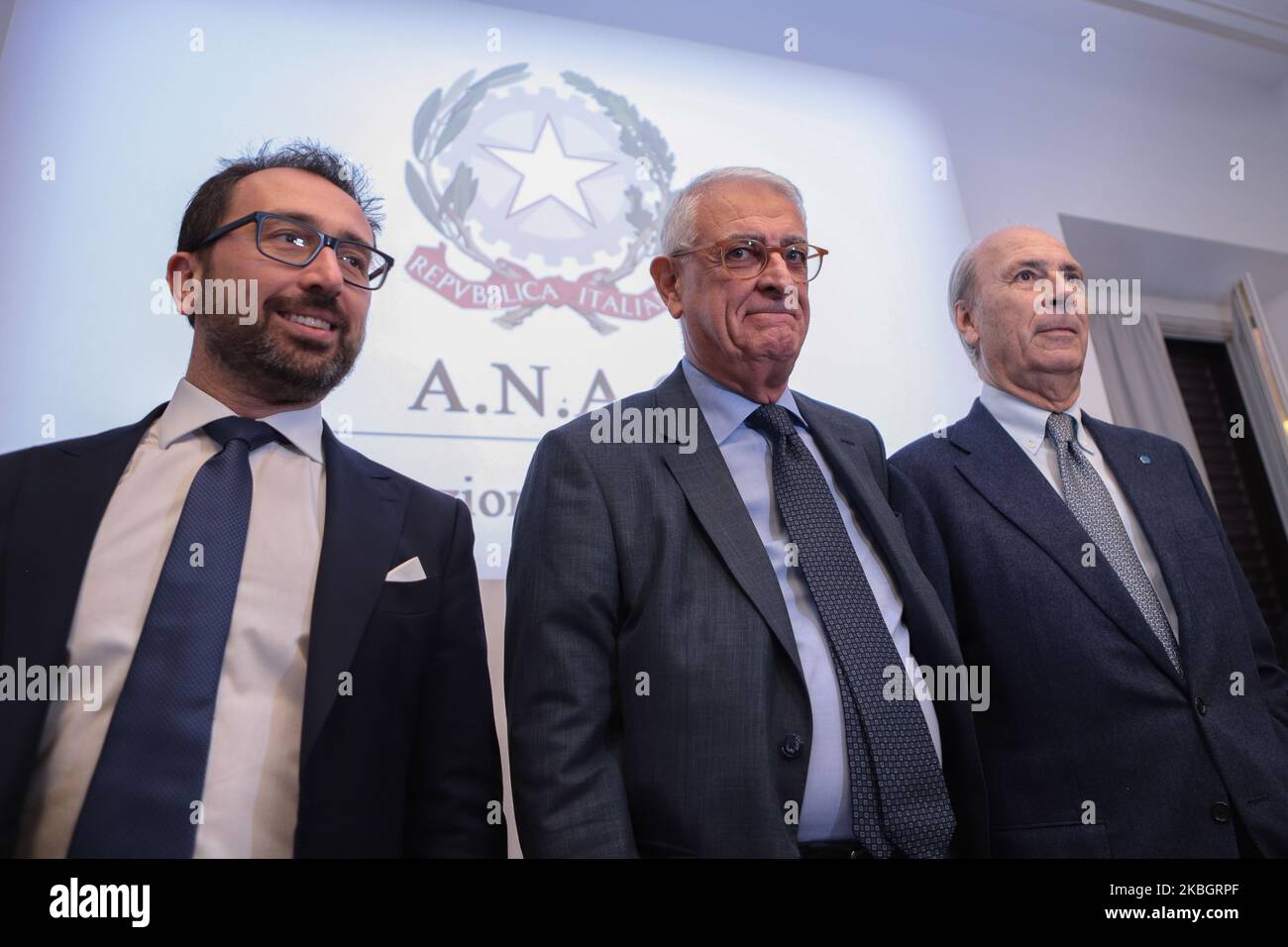 Italian Minister of Justice Alfonso Bonafede (L), the President of the National Anti-Corruption Authority Francesco Merloni (CENTER) and the President of Trasparency International Italy Virginio Carnevale (R) before Press Conference, in Rome, Italy, on February 11, 2020. (Photo by Andrea Pirri/NurPhoto) Stock Photo