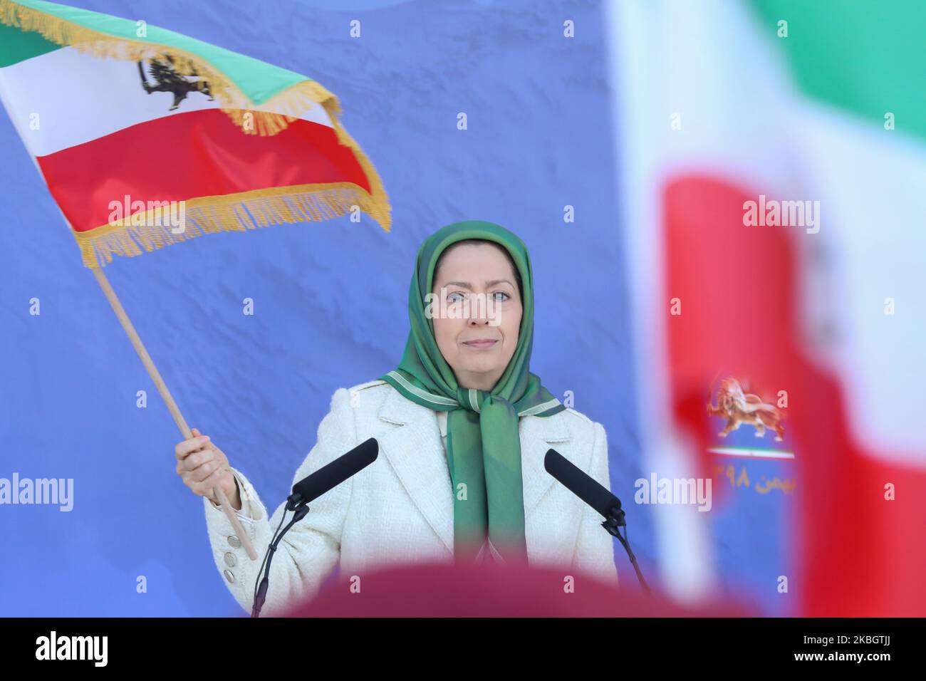 Maryam Rajavi, Ashraf-3, Albania 09/02/2020- Maryam Rajavi, the President-elect of the National Council of Resistance of Iran (NCRI) attend the ceremony of the members of the People Mojahedin Organization of Iran (PMOI/MEK) at Ashraf-3 in Albania on Sunday, February 9, 2020, marking the anniversary of the 1979 anti-monarchic revolution in Iran. Maryam Rajavi said the Nov. 2019 and Jan. 2020 uprisings confirmed the Iranian people readiness to overthrow the ruling theocracy and move toward a democratic Iran. (Photo by Siavosh Hosseini/NurPhoto) Stock Photo