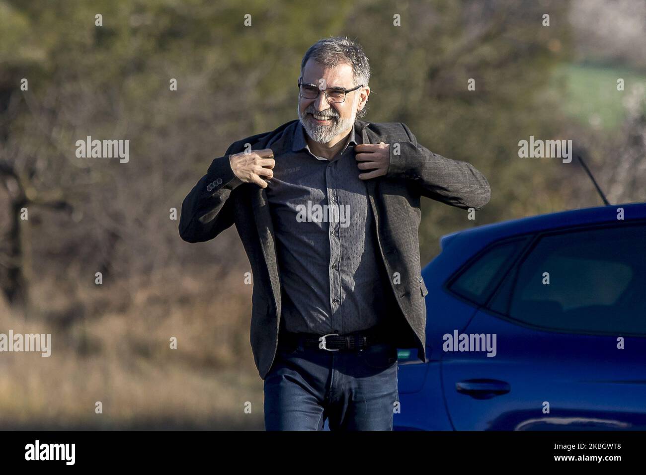 The pro-independence prisoner Jordi Cuixart arrives at his factory and is received by his workers, on the first of his labor-related leave, in Setmenat, near Barcelona, Catalonia, Spain, on February 13, 2020. (Photo by Miquel Llop/NurPhoto) Stock Photo