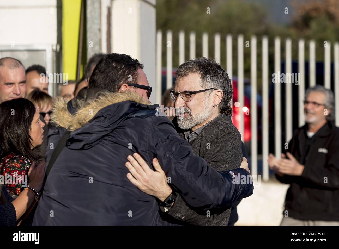The pro-independence prisoner Jordi Cuixart arrives at his factory and is received by his workers, on the first of his labor-related leave, in Setmenat, near Barcelona, Catalonia, Spain, on February 13, 2020. (Photo by Miquel Llop/NurPhoto) Stock Photo