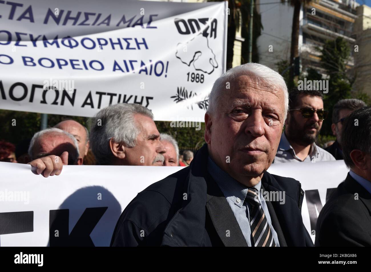 The North Aegean Regional Governor Kostas Moutzouris participates alongside island residents in a protest on February 13, 2020 in central Athens, Greece against a recent legislative act which allows the government to proceed with the requisition of properties and land in order to construct new closed migrant camps. (Photo by Nicolas Koutsokostas/NurPhoto) Stock Photo