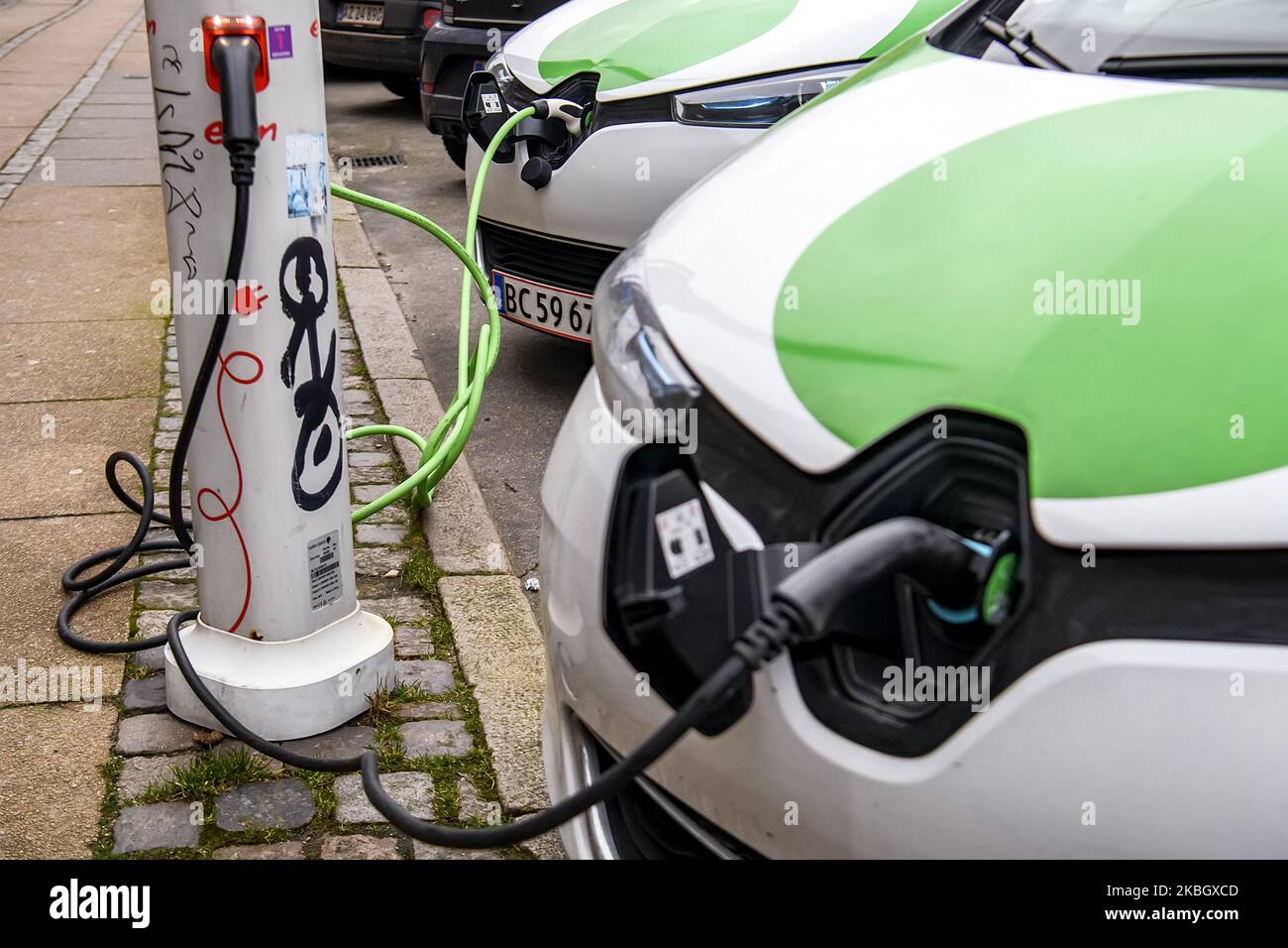 Charging the electric car in Copenhagen, Denmark. February 2020 (Photo