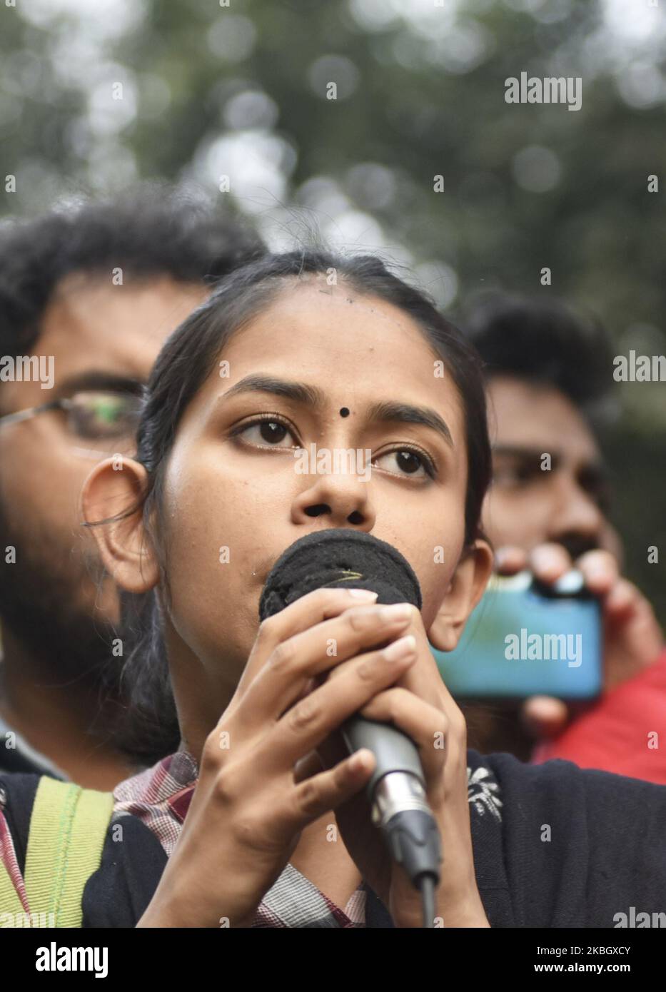 Jawaharlal Nehru University Students' Union (JNUSU) President Aishe Ghosh addresses a gathering as they attend a protest rally against a new citizenship law, in Kolkata, India, February 13, 2020 (Photo by Indranil Aditya/NurPhoto) Stock Photo