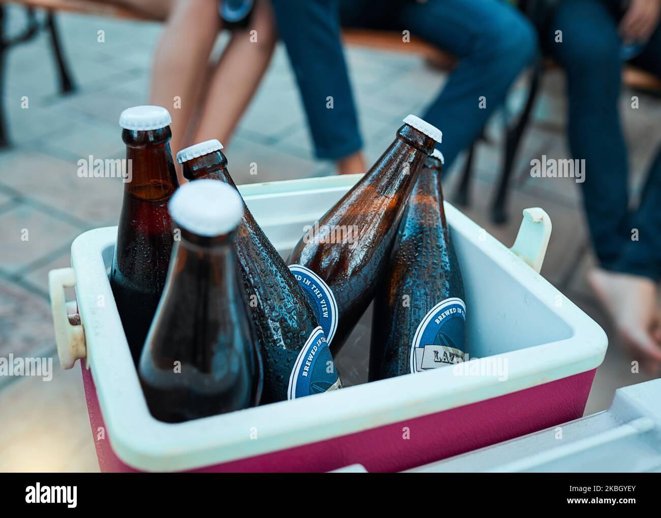 Ice cold beers all party long. bottled beers chilling in a cooler box at an outdoor gathering. Stock Photo