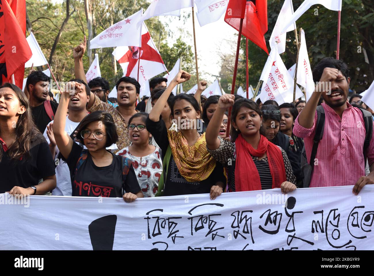 Comrade Aishe Ghosh, JNUSU president joined the students rally to support the SFI (Students' Federation of India) candidates for the upcoming general students election in Jadavpur University. on February 14, 2020 in Kolkata, India. (Photo by Sukhomoy Sen/NurPhoto) Stock Photo