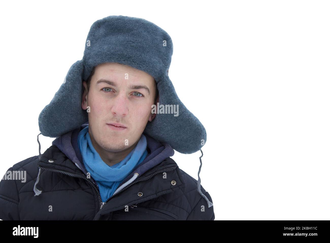 husband portrait dress up in the winter old hat with ears Stock Photo