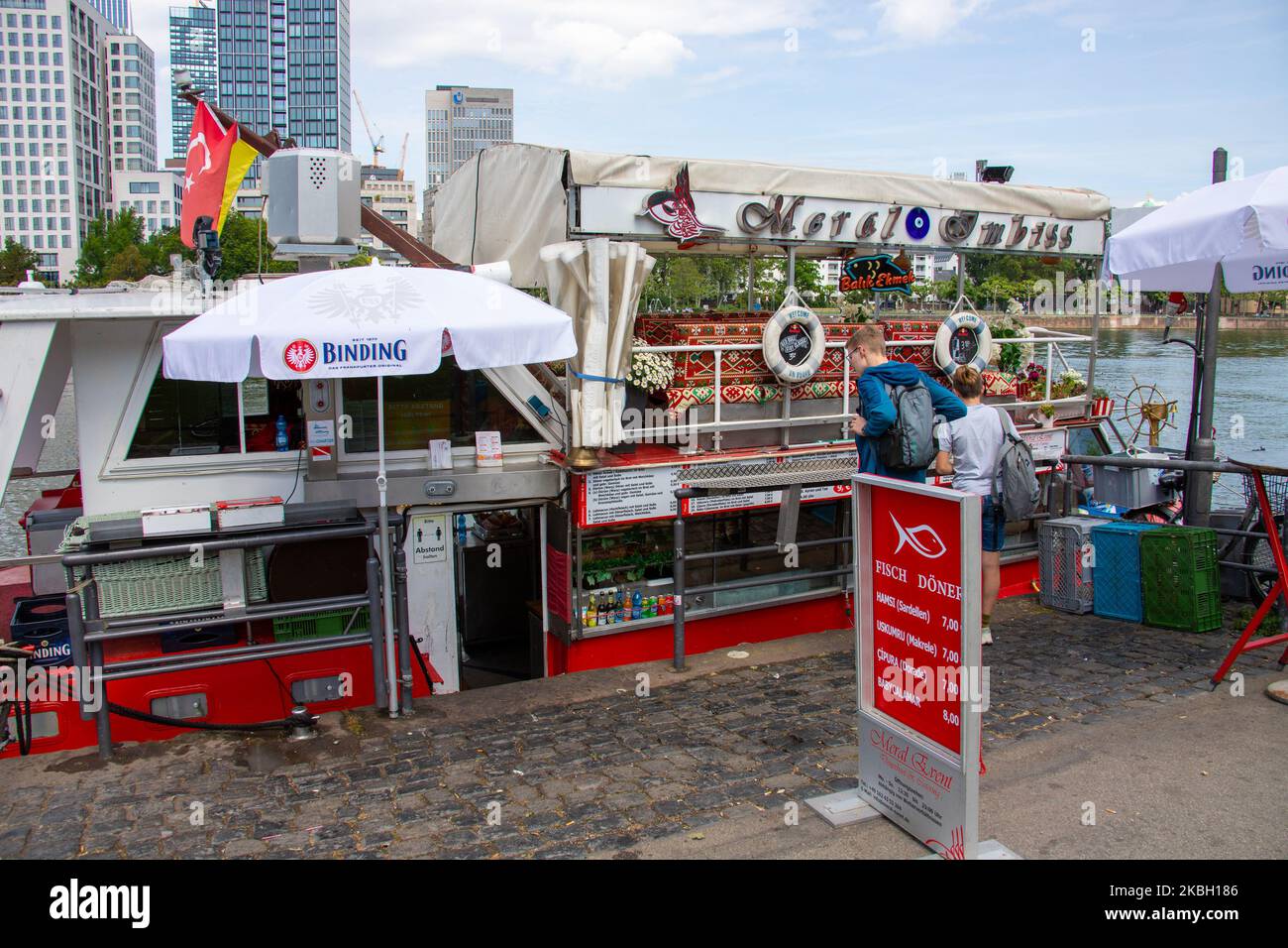 Fish Doner, Meral Imbiss boat restaurant, Frankfurt, Germany Stock Photo