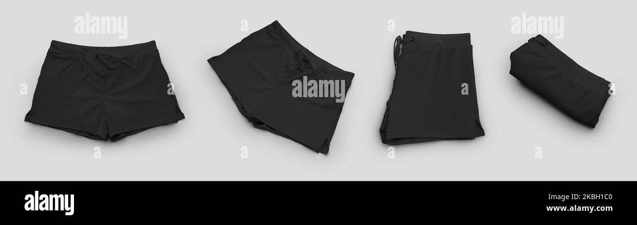 Set of black mockup male swimming trunks, subject close-up with ties, isolated on background. Template of fashionable summer clothes, boxers for desig Stock Photo