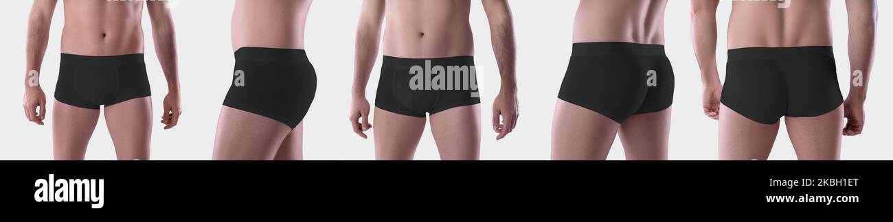 Bundle Mockup of black brief underwear  boxers on the athletic body of a guy, isolated on background. Template of fashionable comfortable trunks, unde Stock Photo