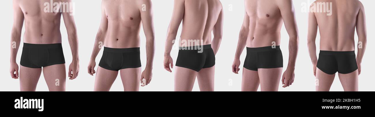 Bundle Mockup of black brief underwear  boxers on the athletic body of a guy, isolated on background. Template of fashionable comfortable trunks, unde Stock Photo
