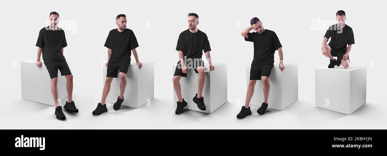 Black Mockup  men's suit oversized t-shirt on shorts on man on cube. Clothing template for presentations of design, print, pattern. Set Stock Photo