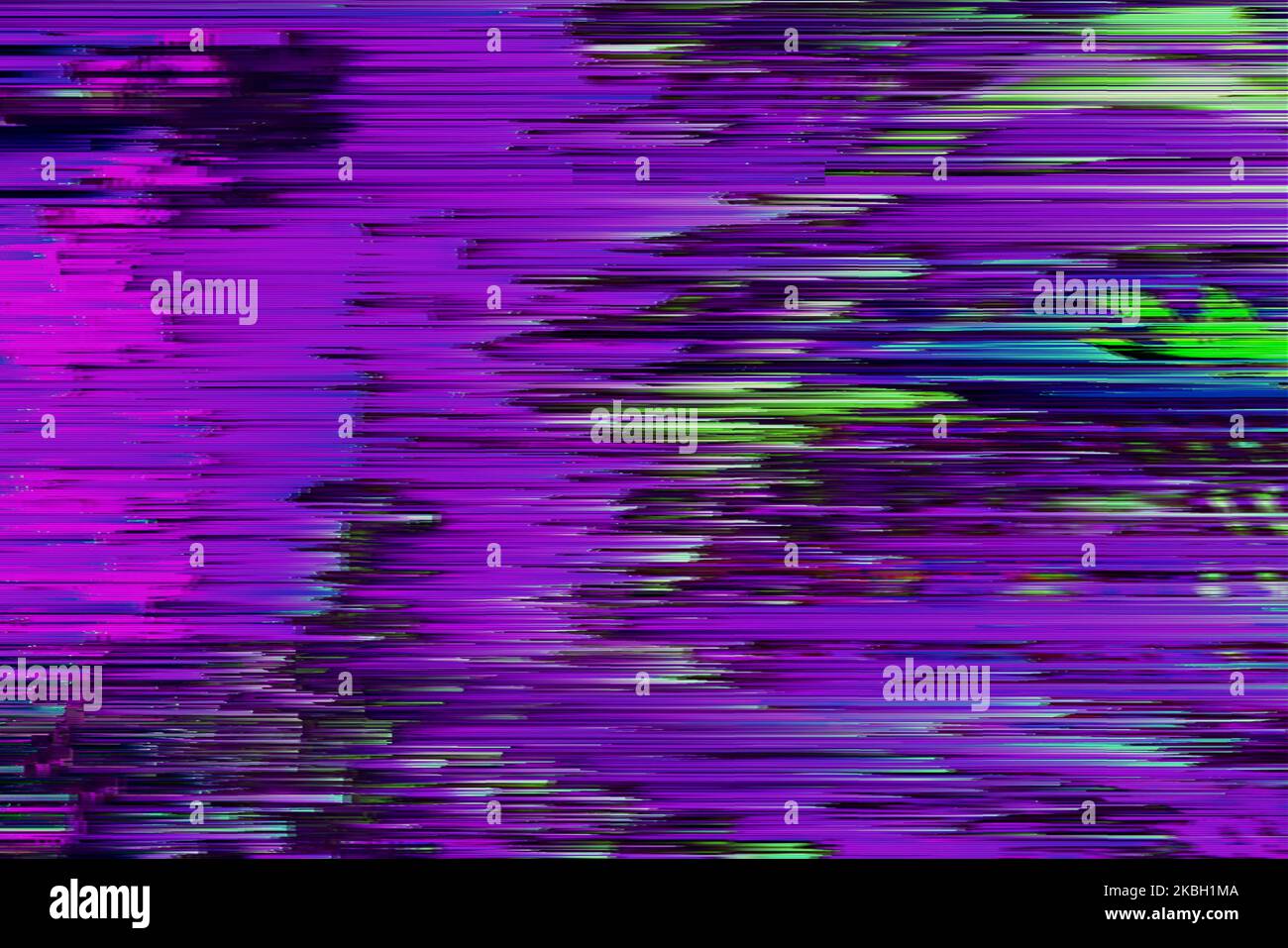 Abstract purple pink green psychedelic zebra background interlaced digital Distorted Motion glitch effect. Futuristic striped cyberpunk design Retro w Stock Photo