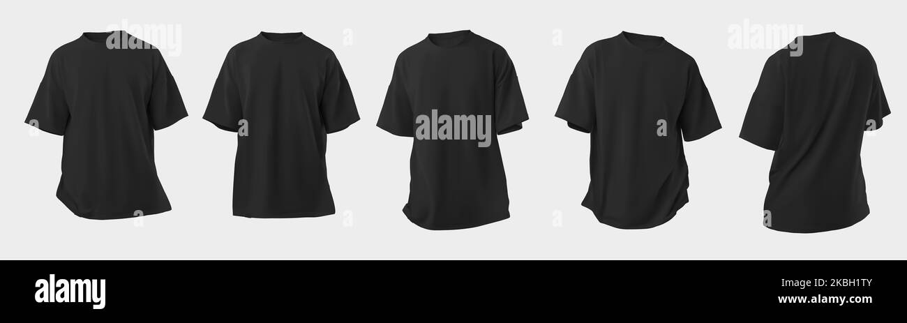 Set Mockup of a black oversized t-shirt 3D rendering, with a round neck, universal clothing for women, men, isolated on background. Template of fashio Stock Photo