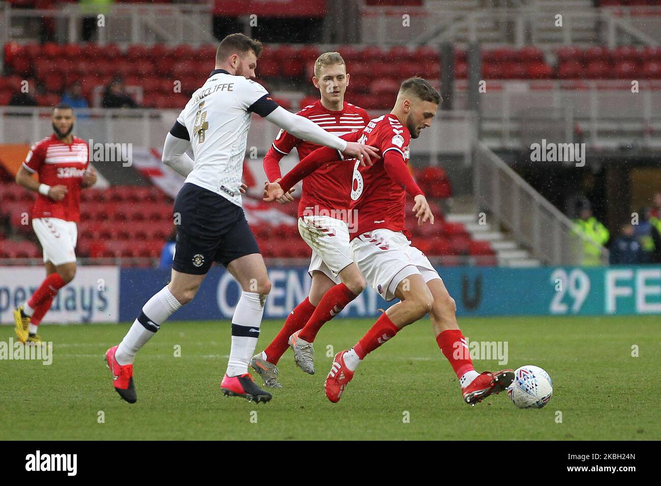 Ryan Tunnicliffe of Luton Town challenges Lewis Wing of Middlesbrough during the Sky Bet Championship match between Middlesbrough and Luton Town at the Riverside Stadium, Middlesbrough on Saturday 15th February 2020. (Photo by Mark Fletcher/MI News/NurPhoto) Stock Photo