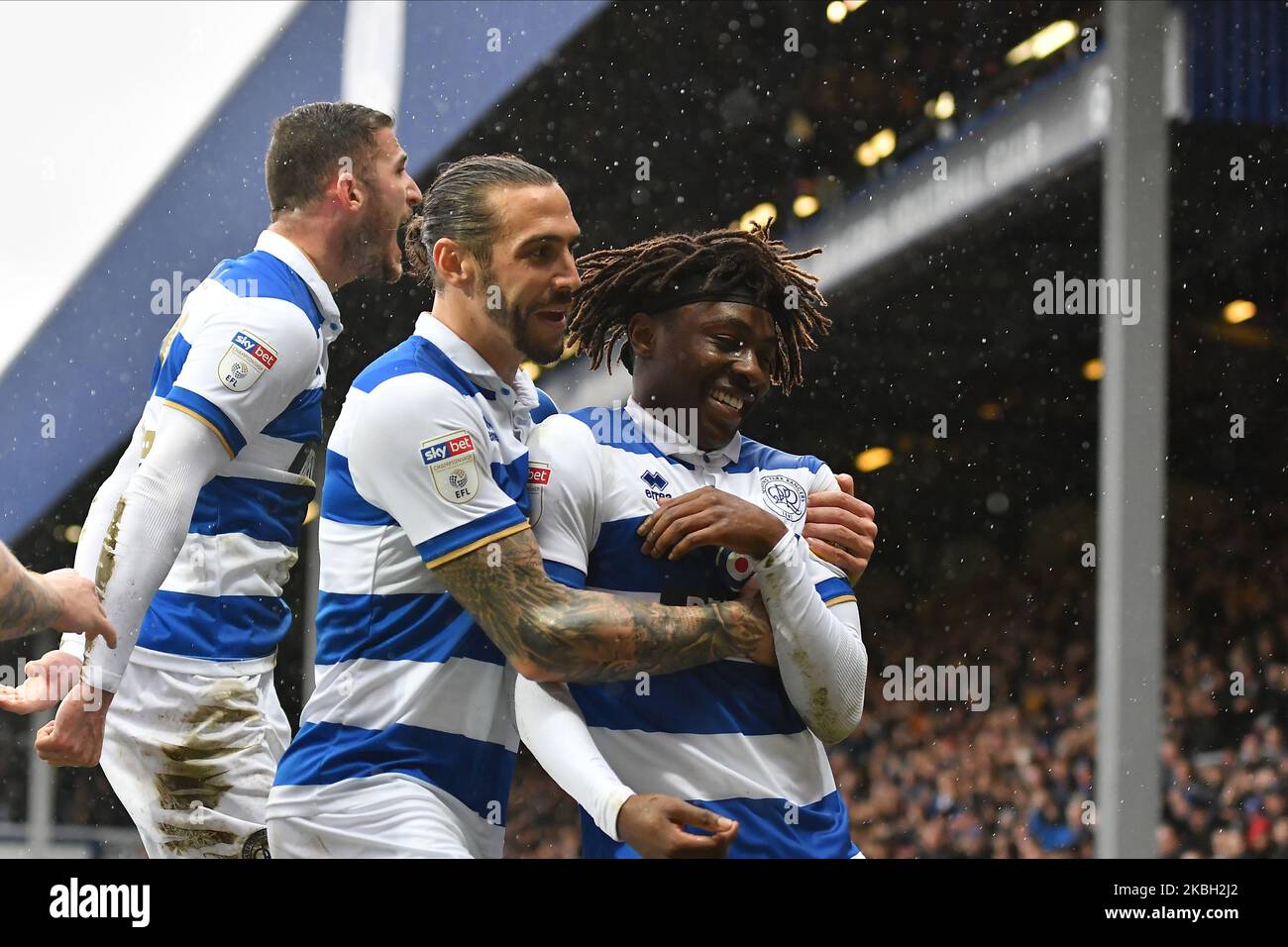 Eberechi Eze (R) of Queens Park Rangers celebrates after scoring his team's second goal with teammate Geoff Cameron during the Sky Bet Championship match between Queens Park Rangers and Stoke City at The Kiyan Prince Foundation Stadium on February 15, 2020 in London, England. (Photo by MI News/NurPhoto) Stock Photo