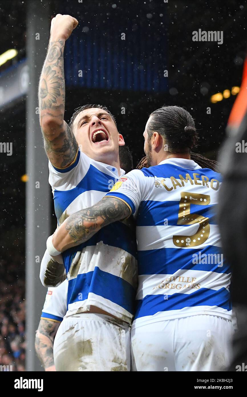 Jordan Hugill and Geoff Cameron celebrate during the Sky Bet Championship match between Queens Park Rangers and Stoke City at The Kiyan Prince Foundation Stadium on February 15, 2020 in London, England. (Photo by MI News/NurPhoto) Stock Photo