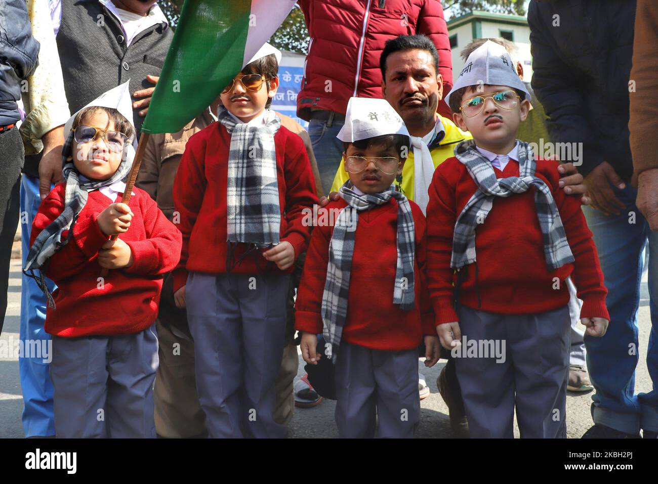 Boys dressed as Delhi Chief Minister Arvind Kejriwal during Swearing-in ceremony at Ramleela Maidan in Nee Delhi India on 16 February 2020 (Photo by Nasir Kachroo/NurPhoto) Stock Photo