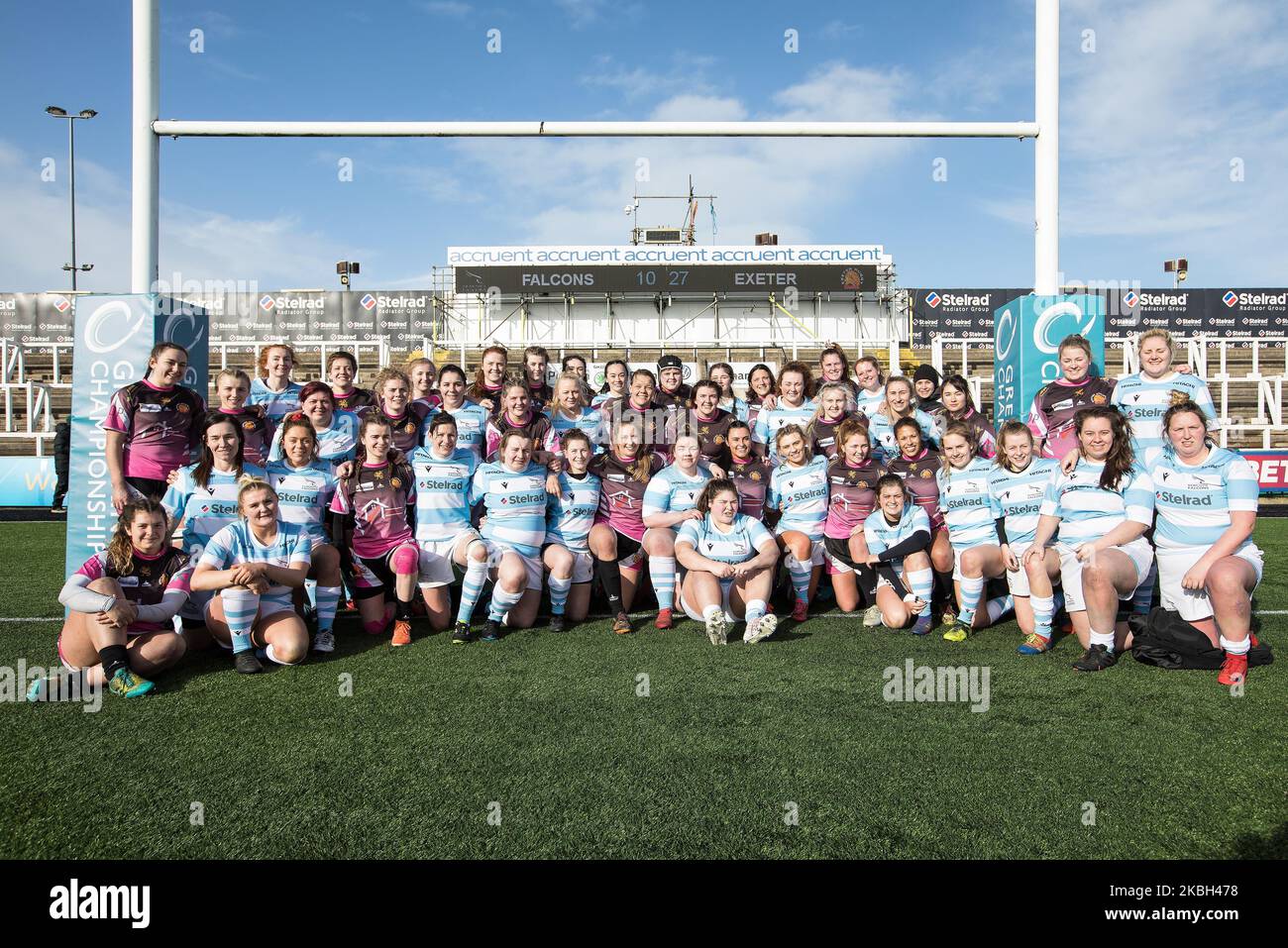 The two teams are pictured after the Friendly match between Newcastle Falcons Women’s Invitational XV and Exeter Chiefs Women at Kingston Park, Newcastle on Sunday 16th February 2020. (Photo by Chris Lishman/MI News/NurPhoto) Stock Photo