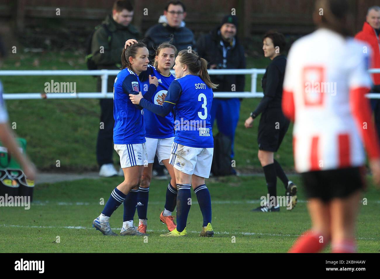 Lucy Staniforth of Birmingham City celebrates after scoring their only goal from a free kick during the SSE Women's FA Cup Fifth Round match between Sunderland Ladies and Birmingham City Women at Eppleton Colliery Welfare, Hetton le Hole on Sunday 16th February 2020. (Photo by Mark Fletcher/MI News/NurPhoto) Stock Photo