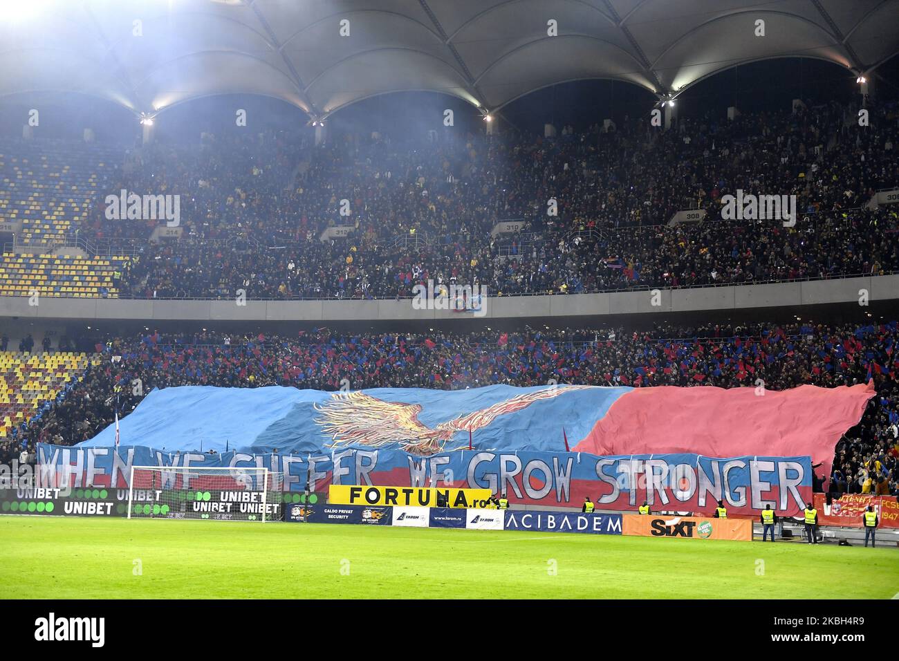 Fans of FCSB during the match between Dinamo Bucharest vs FCSB, for the Football Romania, Liga 1, at Arena Nationala, in Bucharest, Romania, on February 16, 2020. (Photo by Alex Nicodim/NurPhoto) Stock Photo