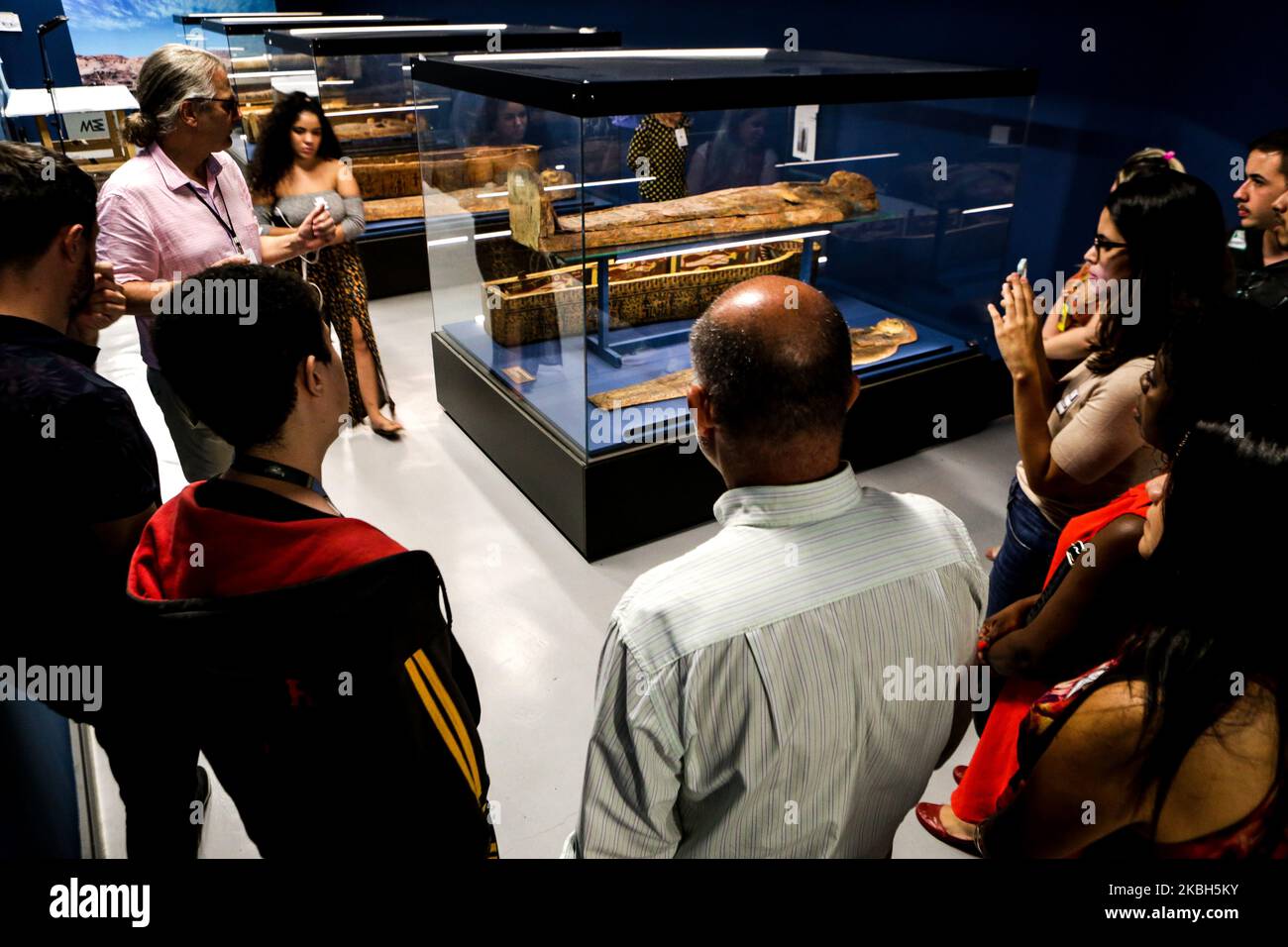 Part of the collection of the exhibition Egito Antigo that had opened on February 19, the Banco do Brasil Cultural Center (CCBB) in Sao Paulo, Brazil, on February 17, 2020. There are more than 140 items on display, including the Tararo mummy dated from 700 B.C. The woman was a member of the 25th dynasty, which became known as the Nubian Dynasty or Black Pharaohs. (Photo by Dario Oliveira/NurPhoto) Stock Photo