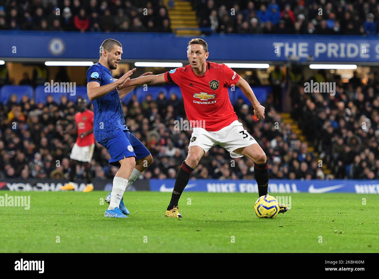 Nemanja Matic and Mateo Kovacic during the Premier League match between Chelsea FC and Manchester United at Stamford Bridge on February 17, 2020 in London, United Kingdom. (Photo by MI News/NurPhoto) Stock Photo
