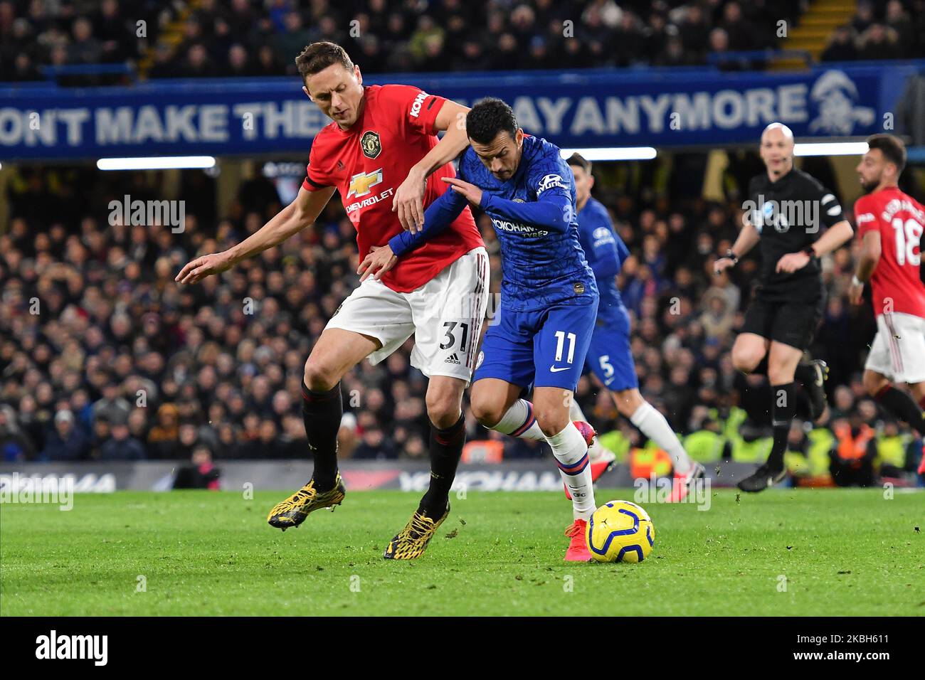 Pedro and Nemanja Matic during the Premier League match between Chelsea FC and Manchester United at Stamford Bridge on February 17, 2020 in London, United Kingdom. (Photo by MI News/NurPhoto) Stock Photo