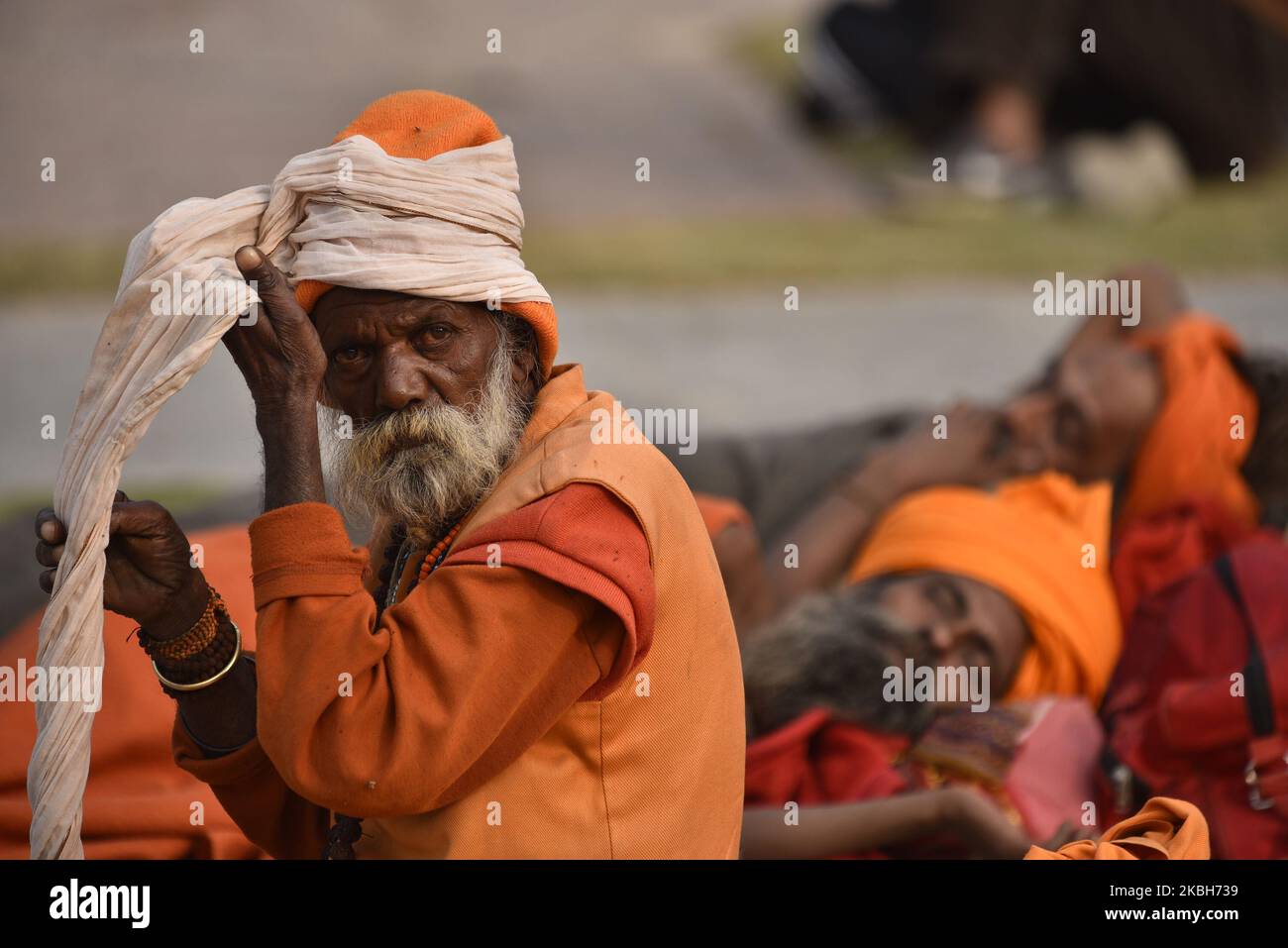 A Hindu Sadhu or Holy Man fix head turbine arrive to offer ritual ...