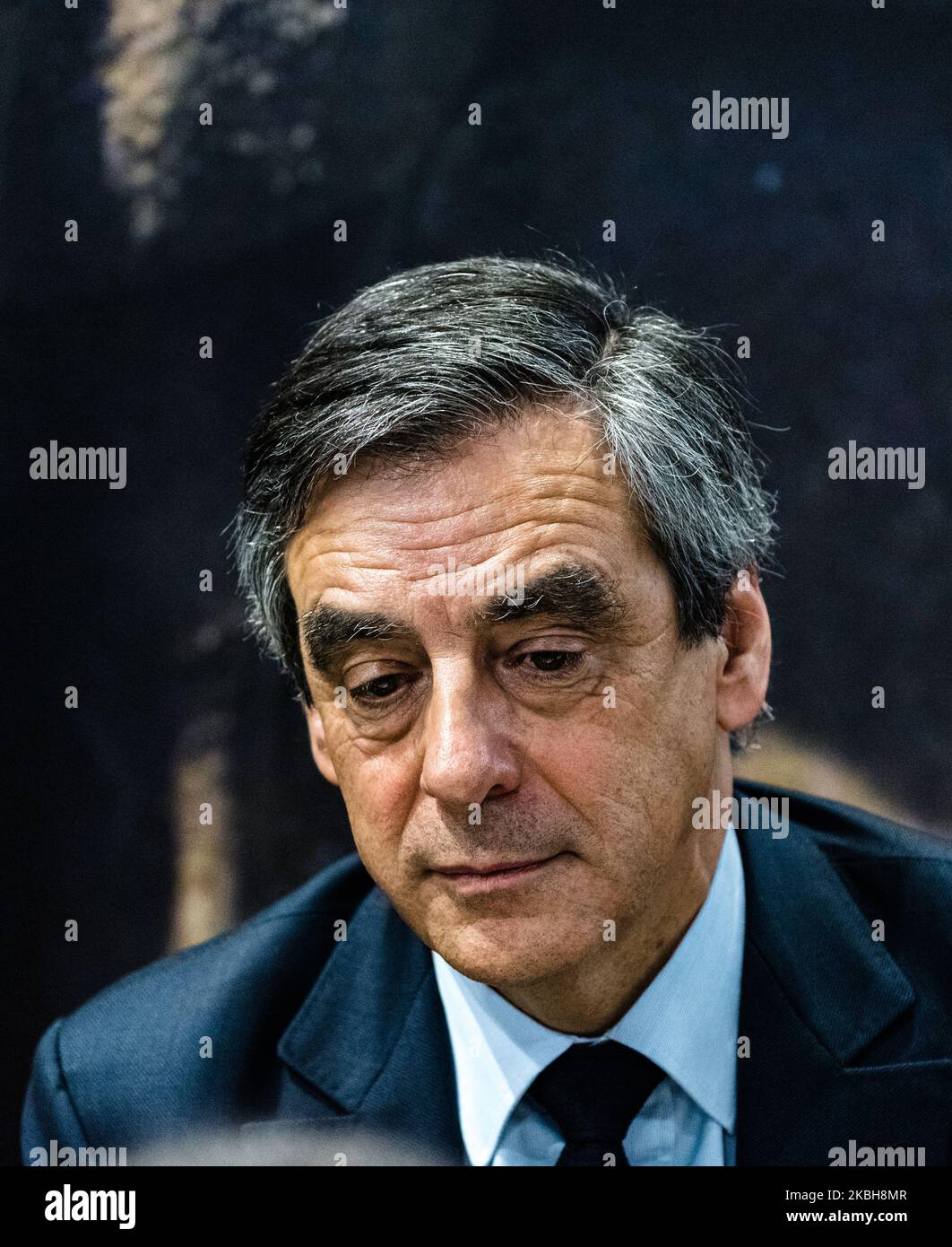Portrait of François Fillon during his visit to the 2017 Salon de l'Agriculture on March 1, 2017, when the trial of François Fillon and Pénélope Fillon for 'fictitious employment' and embezzlement of funds at the Paris Tribunal de Grande Instance for the so-called Penelope Gate case opened on February 24, 2020. This is a look back at the campaign of Les Républicains (LR) party candidate François Fillon for the 2017 presidential election during which the case was revealed. (Photo by Samuel Boivin/NurPhoto) Stock Photo