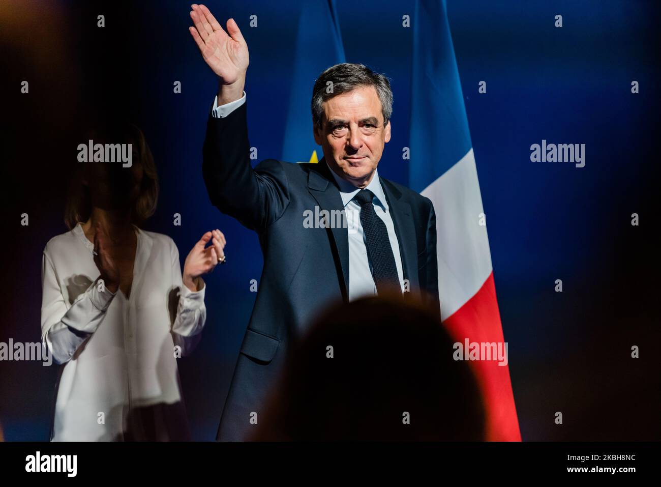 Portrait of François Fillon in a meeting with civil society at the Docks de Paris in Aubervilliers on March 4, 2017, while the trial of François Fillon and Penelope Fillon for 'fictitious employment' and embezzlement opens on February 24, 2020 at the Tribunal de Grande Instance de Paris for the so-called Penelope Gate case, a review of the campaign of Les Républicains (LR) candidate François Fillon for the 2017 presidential election during which the case was revealed. (Photo by Samuel Boivin/NurPhoto) Stock Photo
