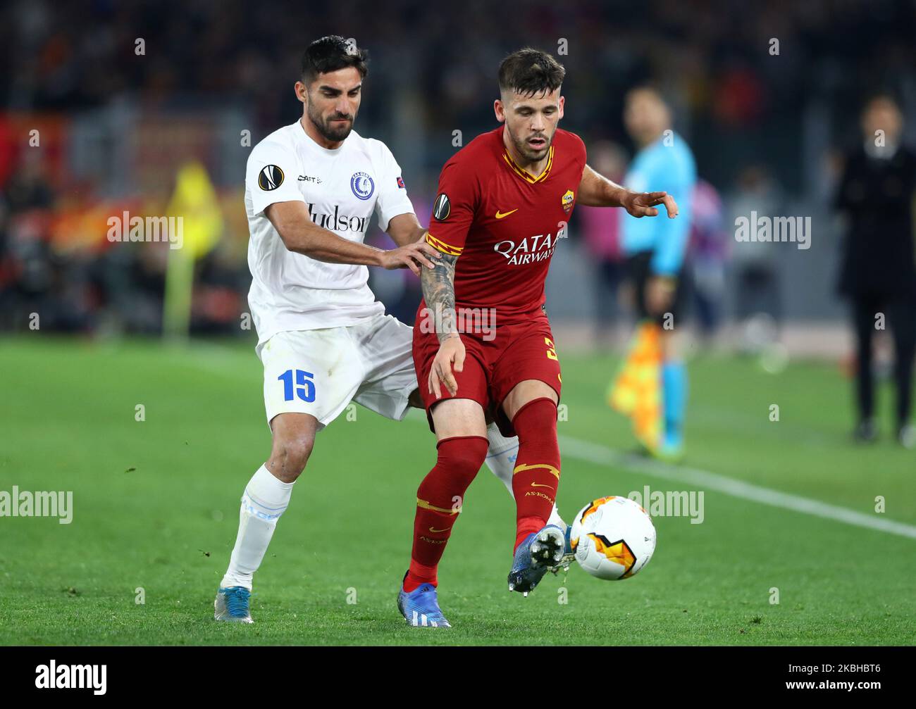 Milad Mohammadi of Gent and Carles Perez of Roma during the football UEFA Europa League Round of 32 match AS Roma v Kaa Gent at the Olimpico Stadium in Rome, Italy on February 20, 2020 (Photo by Matteo Ciambelli/NurPhoto) Stock Photo