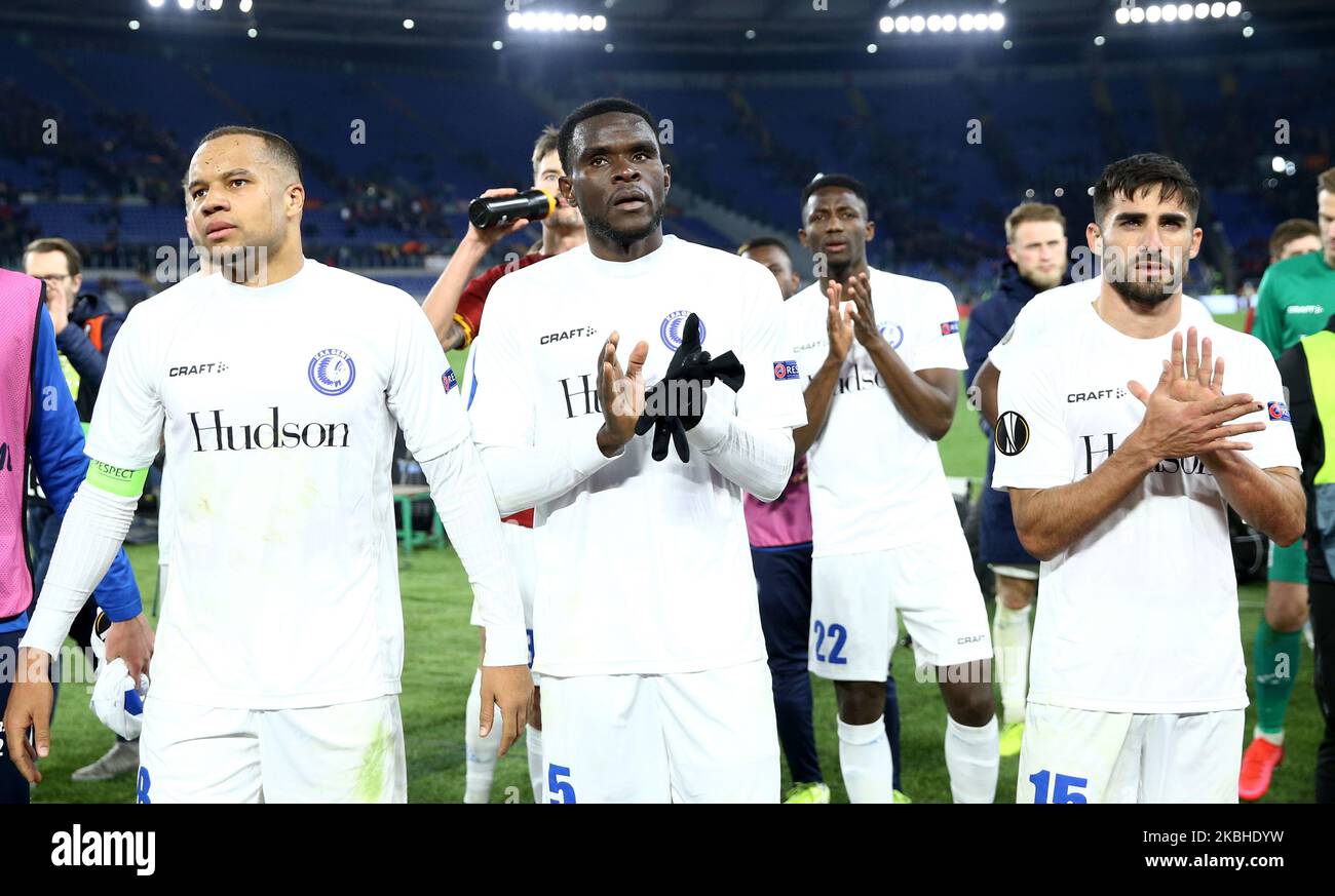 Vadis Odjidja Ofoe, Michael Ngadeu Ngadjui and Milad Mohammadi of Gent greeting the supporters at the end of the football UEFA Europa League Round of 32 match AS Roma v Kaa Gent at the Olimpico Stadium in Rome, Italy on February 20, 2020 (Photo by Matteo Ciambelli/NurPhoto) Stock Photo